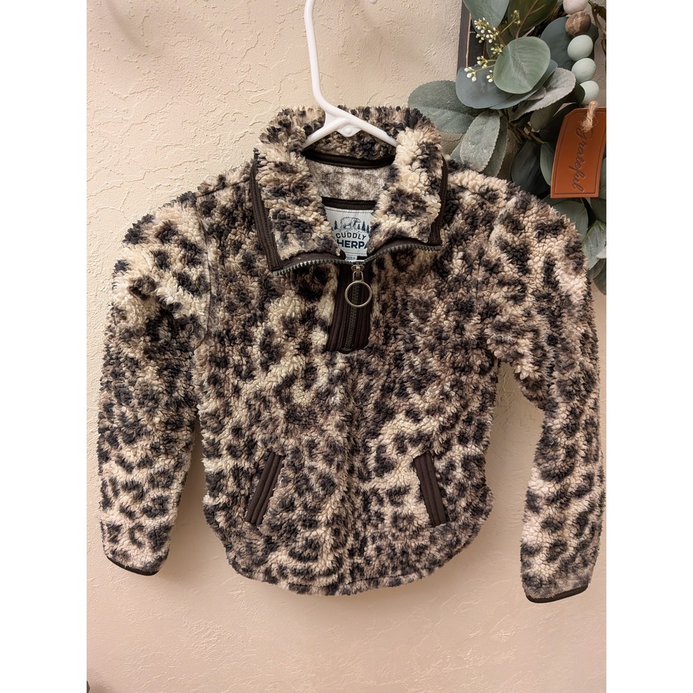 Cuddly Sherpa Kids Leopard Print‎ Quarter Zip Fleece Jacket Brown Tan Size 5/6